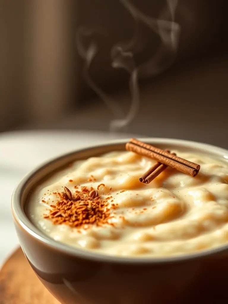 A bowl of Jamaican porridge, thick and creamy, garnished with cinnamon and nutmeg, highlighting the comforting and traditional flavors of Island Quizine and Grill.